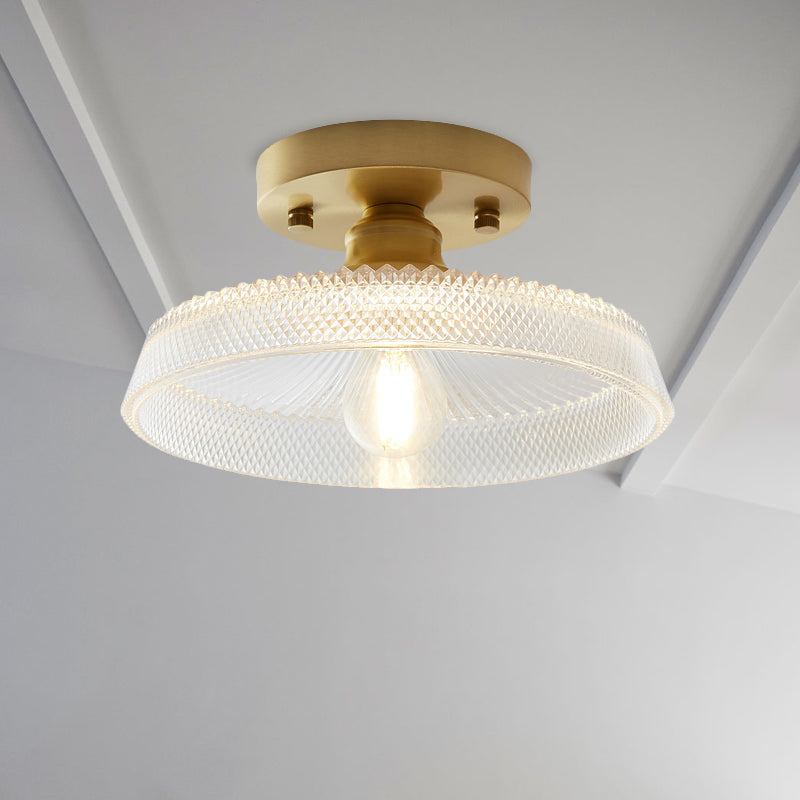 1 Light Ceiling Light Fixture with Bowl/Barn/Flower Shade Clear Textured Glass Industrial Corridor Semi Flush Clear Barn Clearhalo 'Ceiling Lights' 'Close To Ceiling Lights' 'Close to ceiling' 'Glass shade' 'Glass' 'Pendant Lights' 'Semi-flushmount' Lighting' 622157