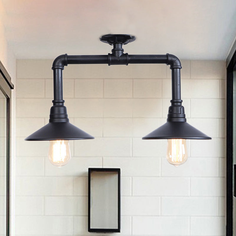 2 Lights Saucer Semi Flush Light Industrial Matte Black Metallic Ceiling Light Fixture for Balcony Black Clearhalo 'Ceiling Lights' 'Close To Ceiling Lights' 'Close to ceiling' 'Semi-flushmount' Lighting' 622162