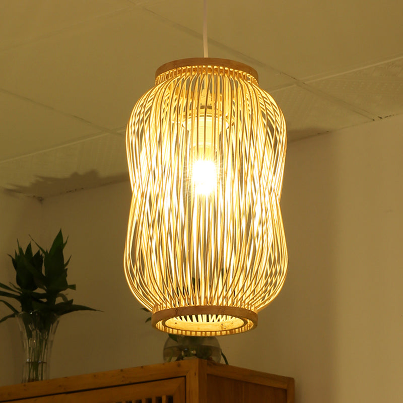 Modernist Style Lantern Design Ceiling Lamp Bamboo 1 Bulb Indoor Hanging Light in Beige Beige Clearhalo 'Ceiling Lights' 'Pendant Lights' 'Pendants' Lighting' 622324_de1b4517-d5dc-44bf-bb57-c4e2fb344de7