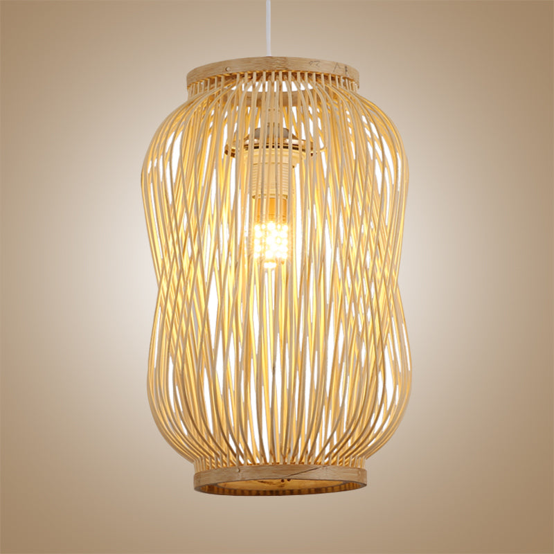 Modernist Style Lantern Design Ceiling Lamp Bamboo 1 Bulb Indoor Hanging Light in Beige Clearhalo 'Ceiling Lights' 'Pendant Lights' 'Pendants' Lighting' 622327