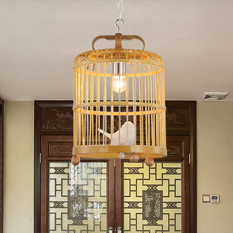 Bamboo Birdcage Shade Pendant Light with Bird Accent Chinese Style 1 Head Beige Hanging Lamp, 8"/10" Width Clearhalo 'Ceiling Lights' 'Pendant Lights' 'Pendants' Lighting' 622344