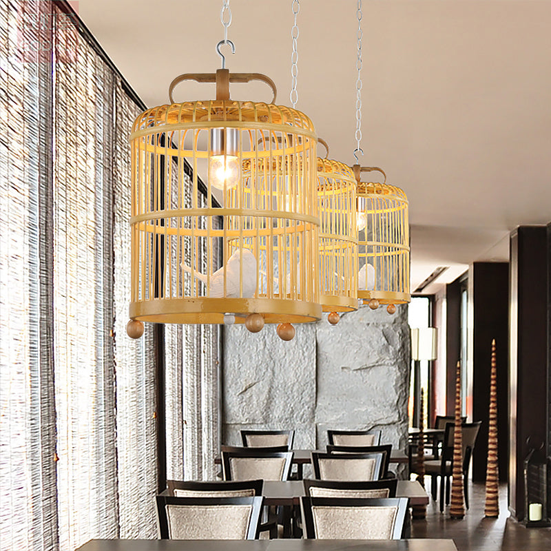 Bamboo Birdcage Shade Pendant Light with Bird Accent Chinese Style 1 Head Beige Hanging Lamp, 8"/10" Width Clearhalo 'Ceiling Lights' 'Pendant Lights' 'Pendants' Lighting' 622345