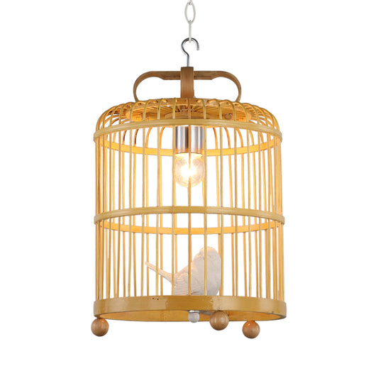 Bamboo Birdcage Shade Pendant Light with Bird Accent Chinese Style 1 Head Beige Hanging Lamp, 8"/10" Width Clearhalo 'Ceiling Lights' 'Pendant Lights' 'Pendants' Lighting' 622346