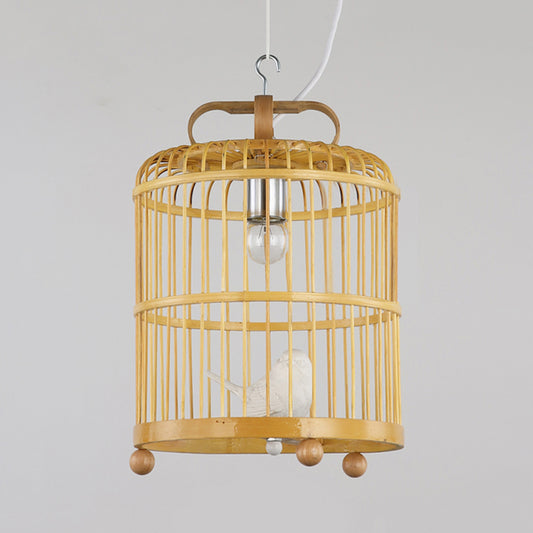 Bamboo Birdcage Shade Pendant Light with Bird Accent Chinese Style 1 Head Beige Hanging Lamp, 8"/10" Width Clearhalo 'Ceiling Lights' 'Pendant Lights' 'Pendants' Lighting' 622347