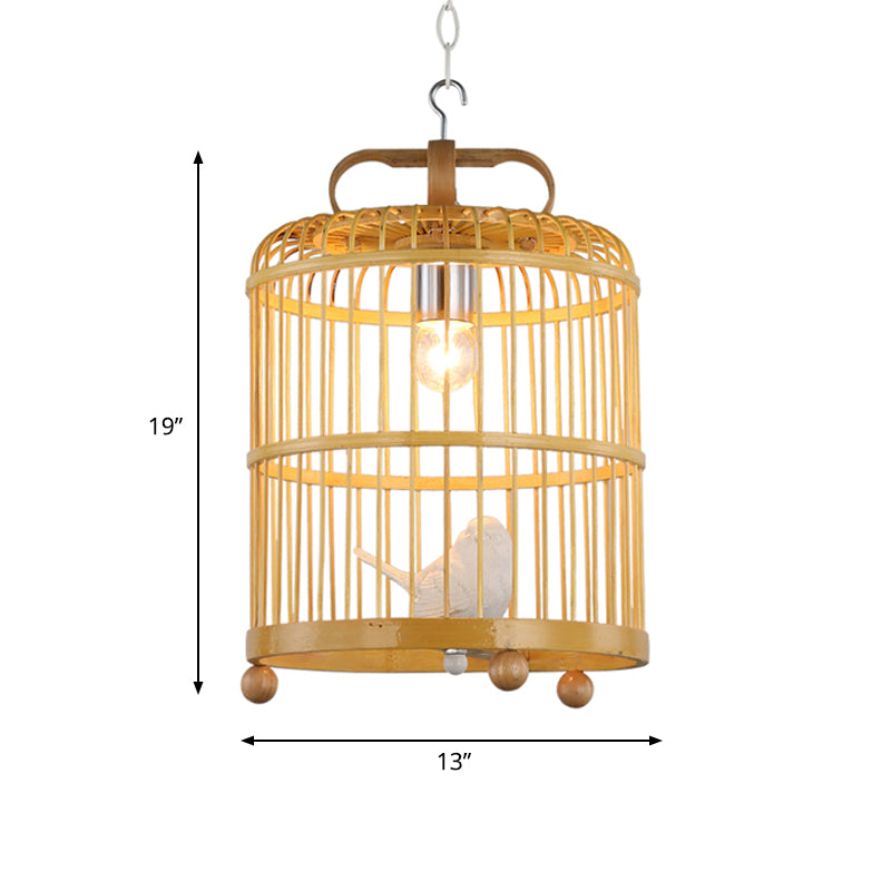 Bamboo Birdcage Shade Pendant Light with Bird Accent Chinese Style 1 Head Beige Hanging Lamp, 8"/10" Width Clearhalo 'Ceiling Lights' 'Pendant Lights' 'Pendants' Lighting' 622348