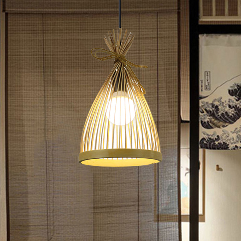 1 Bulb Restaurant Pendant Lamp with Conical Bamboo Shade Modern Style Black/Beige Hanging Ceiling Light, 8"/10" W Beige Clearhalo 'Ceiling Lights' 'Pendant Lights' 'Pendants' Lighting' 622349_d59e9ba2-f58b-4728-a2c6-27c467401089