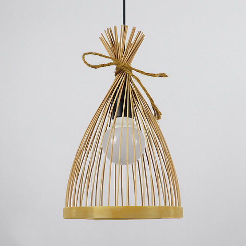 1 Bulb Restaurant Pendant Lamp with Conical Bamboo Shade Modern Style Black/Beige Hanging Ceiling Light, 8"/10" W Clearhalo 'Ceiling Lights' 'Pendant Lights' 'Pendants' Lighting' 622352