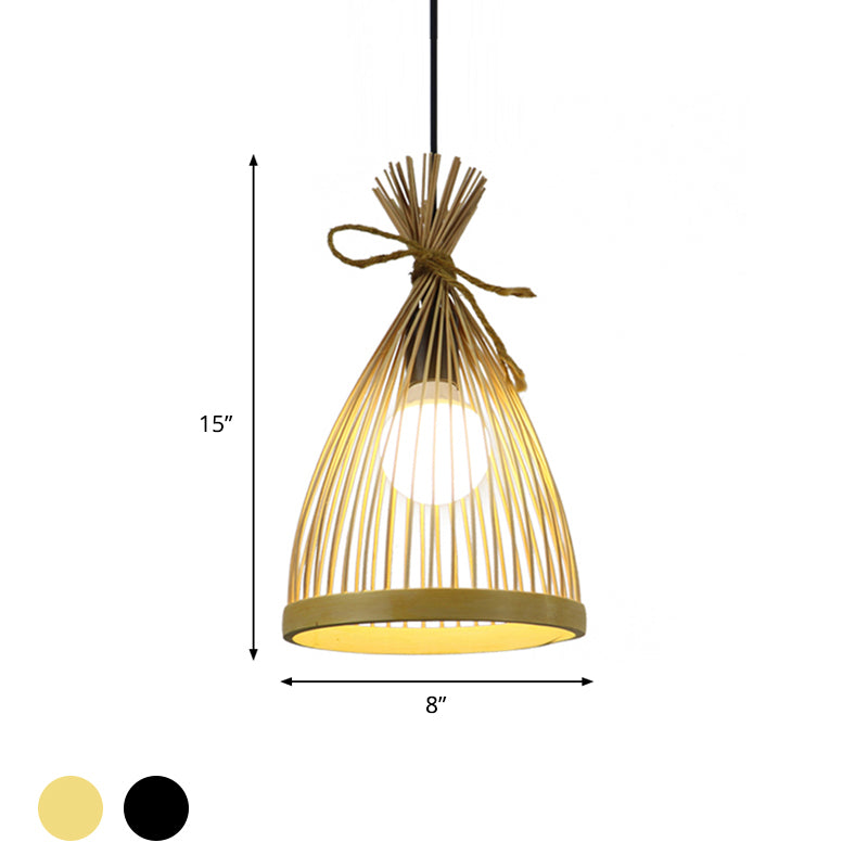 1 Bulb Restaurant Pendant Lamp with Conical Bamboo Shade Modern Style Black/Beige Hanging Ceiling Light, 8"/10" W Clearhalo 'Ceiling Lights' 'Pendant Lights' 'Pendants' Lighting' 622353