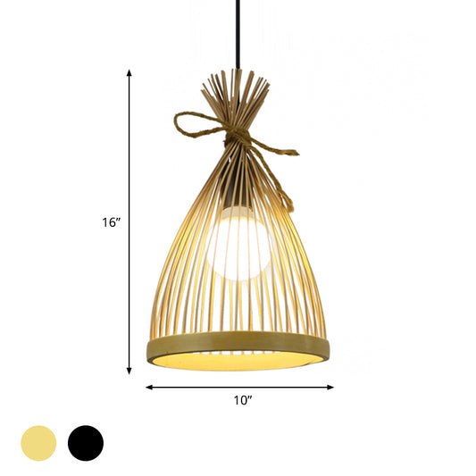 1 Bulb Restaurant Pendant Lamp with Conical Bamboo Shade Modern Style Black/Beige Hanging Ceiling Light, 8"/10" W Clearhalo 'Ceiling Lights' 'Pendant Lights' 'Pendants' Lighting' 622354