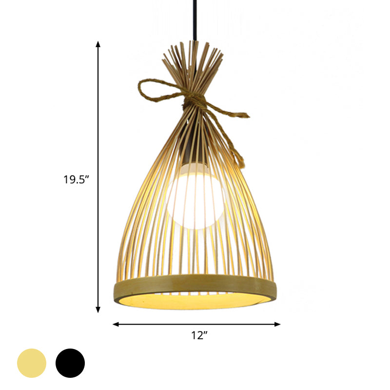 1 Bulb Restaurant Pendant Lamp with Conical Bamboo Shade Modern Style Black/Beige Hanging Ceiling Light, 8"/10" W Clearhalo 'Ceiling Lights' 'Pendant Lights' 'Pendants' Lighting' 622355