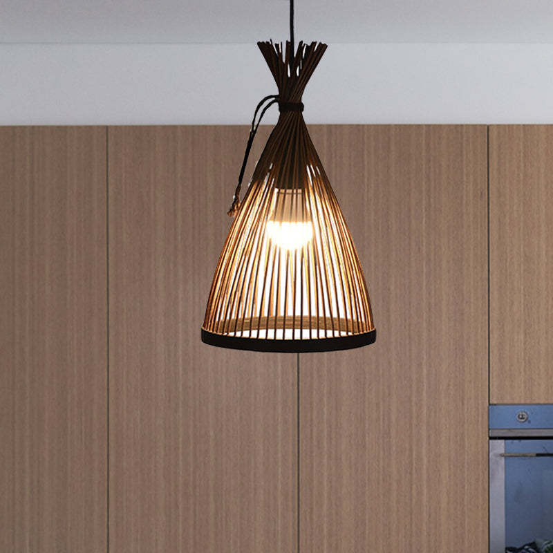 1 Bulb Restaurant Pendant Lamp with Conical Bamboo Shade Modern Style Black/Beige Hanging Ceiling Light, 8"/10" W Clearhalo 'Ceiling Lights' 'Pendant Lights' 'Pendants' Lighting' 622356