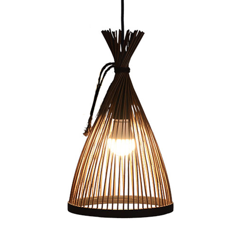 1 Bulb Restaurant Pendant Lamp with Conical Bamboo Shade Modern Style Black/Beige Hanging Ceiling Light, 8"/10" W Clearhalo 'Ceiling Lights' 'Pendant Lights' 'Pendants' Lighting' 622359