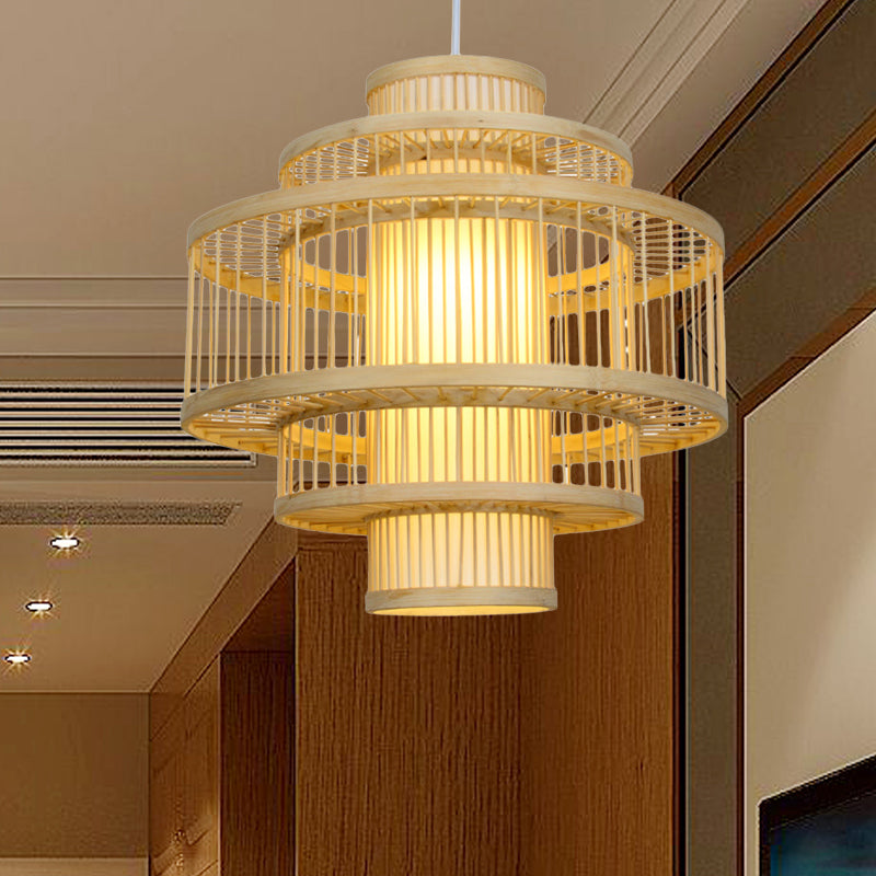 Modernist Tiered Bamboo Hanging Pendant Fixture with Cylinder Shade 19.5"/23.5" W 1 Light Ceiling Lamp in Beige Clearhalo 'Ceiling Lights' 'Pendant Lights' 'Pendants' Lighting' 622402