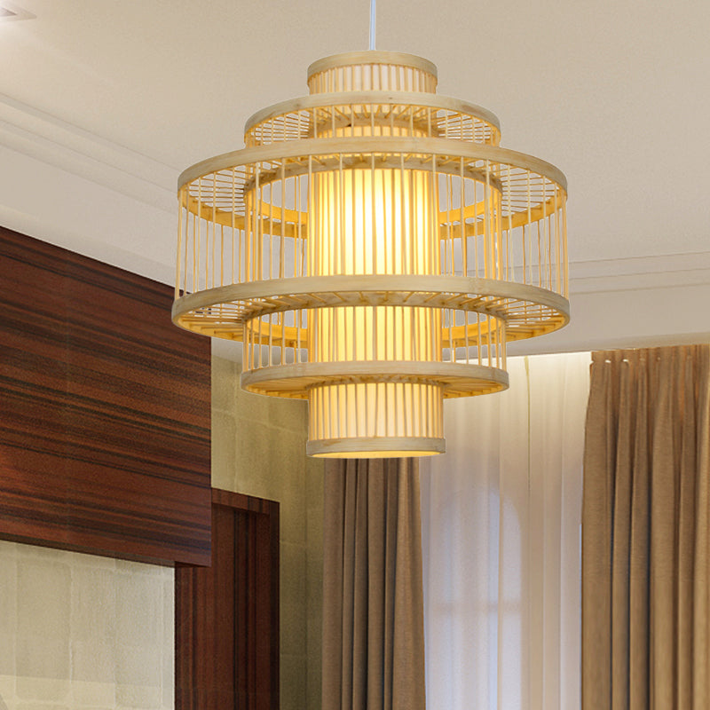 Modernist Tiered Bamboo Hanging Pendant Fixture with Cylinder Shade 19.5"/23.5" W 1 Light Ceiling Lamp in Beige Clearhalo 'Ceiling Lights' 'Pendant Lights' 'Pendants' Lighting' 622403