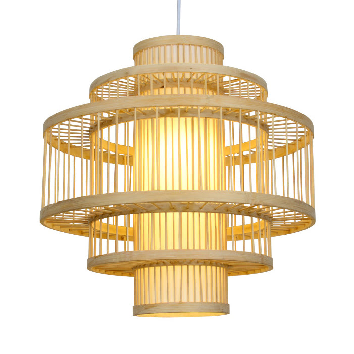 Modernist Tiered Bamboo Hanging Pendant Fixture with Cylinder Shade 19.5"/23.5" W 1 Light Ceiling Lamp in Beige Clearhalo 'Ceiling Lights' 'Pendant Lights' 'Pendants' Lighting' 622404