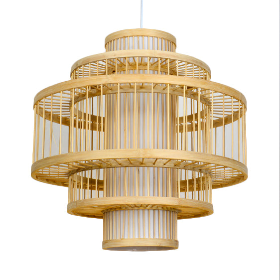 Modernist Tiered Bamboo Hanging Pendant Fixture with Cylinder Shade 19.5"/23.5" W 1 Light Ceiling Lamp in Beige Clearhalo 'Ceiling Lights' 'Pendant Lights' 'Pendants' Lighting' 622405