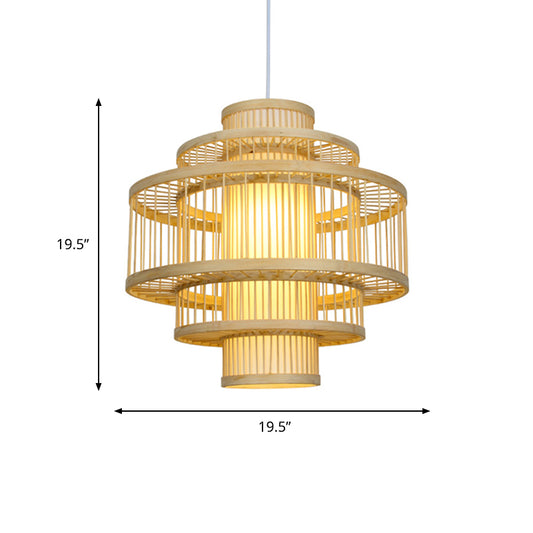 Modernist Tiered Bamboo Hanging Pendant Fixture with Cylinder Shade 19.5"/23.5" W 1 Light Ceiling Lamp in Beige Clearhalo 'Ceiling Lights' 'Pendant Lights' 'Pendants' Lighting' 622406