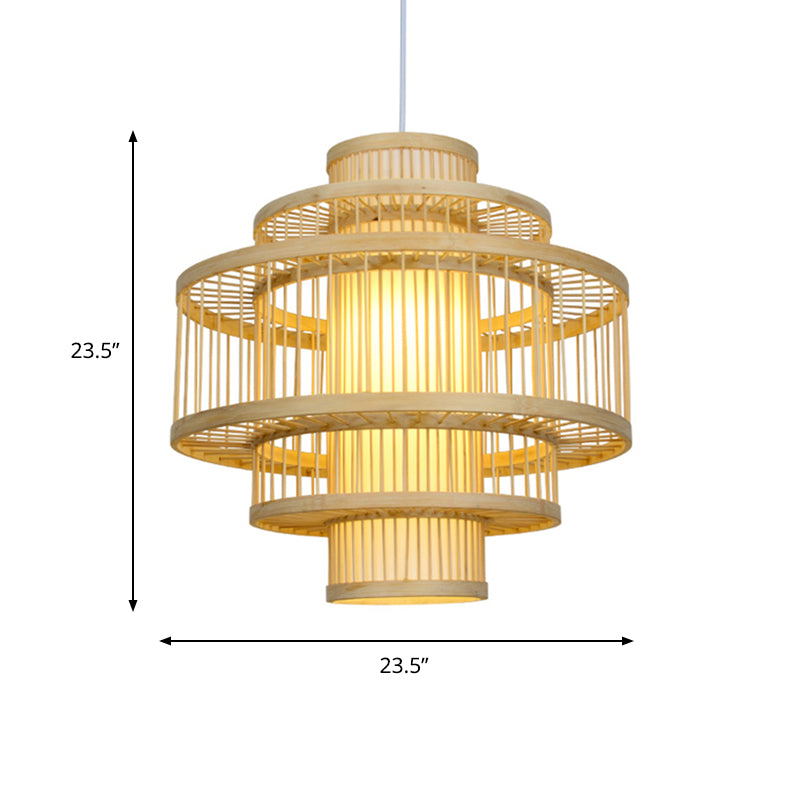 Modernist Tiered Bamboo Hanging Pendant Fixture with Cylinder Shade 19.5"/23.5" W 1 Light Ceiling Lamp in Beige Clearhalo 'Ceiling Lights' 'Pendant Lights' 'Pendants' Lighting' 622407