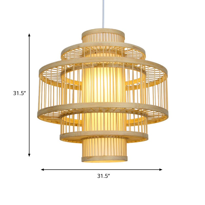 Modernist Tiered Bamboo Hanging Pendant Fixture with Cylinder Shade 19.5"/23.5" W 1 Light Ceiling Lamp in Beige Clearhalo 'Ceiling Lights' 'Pendant Lights' 'Pendants' Lighting' 622408