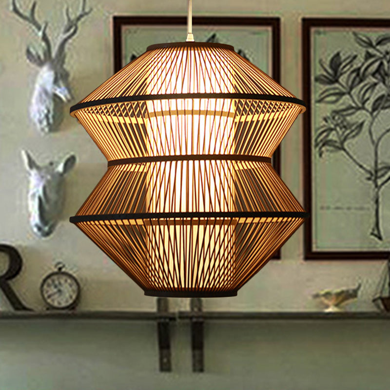 Open-Weave Ceiling Lamp Contemporary Bamboo 1 Light Indoor Hanging Light with Inner Cylinder Shade in Beige Clearhalo 'Ceiling Lights' 'Pendant Lights' 'Pendants' Lighting' 622409