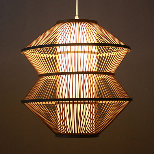 Open-Weave Ceiling Lamp Contemporary Bamboo 1 Light Indoor Hanging Light with Inner Cylinder Shade in Beige Clearhalo 'Ceiling Lights' 'Pendant Lights' 'Pendants' Lighting' 622411