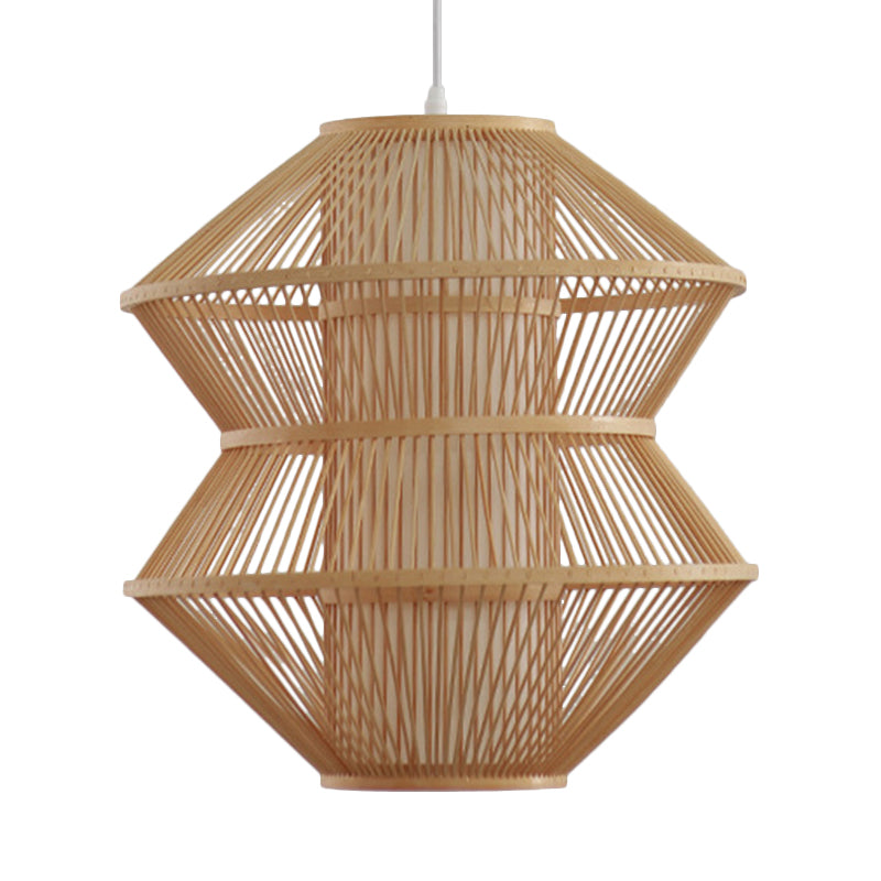 Open-Weave Ceiling Lamp Contemporary Bamboo 1 Light Indoor Hanging Light with Inner Cylinder Shade in Beige Clearhalo 'Ceiling Lights' 'Pendant Lights' 'Pendants' Lighting' 622412