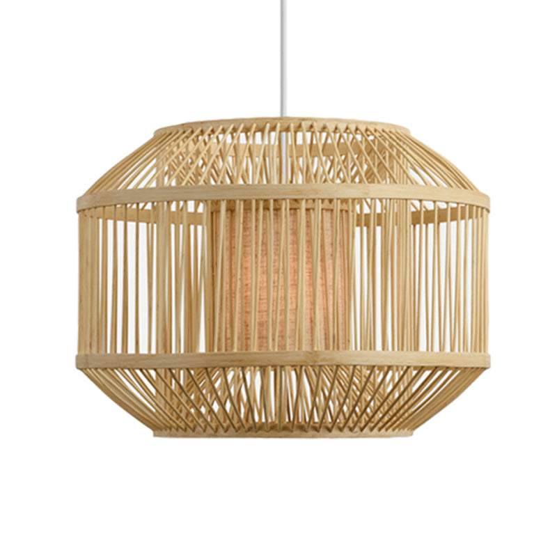 Asian Handwoven Bamboo Hanging Fixture with Geometric Shade 16"/19.5" W 1 Light Pendant Lighting in Beige for Dining Room Clearhalo 'Ceiling Lights' 'Pendant Lights' 'Pendants' Lighting' 622416