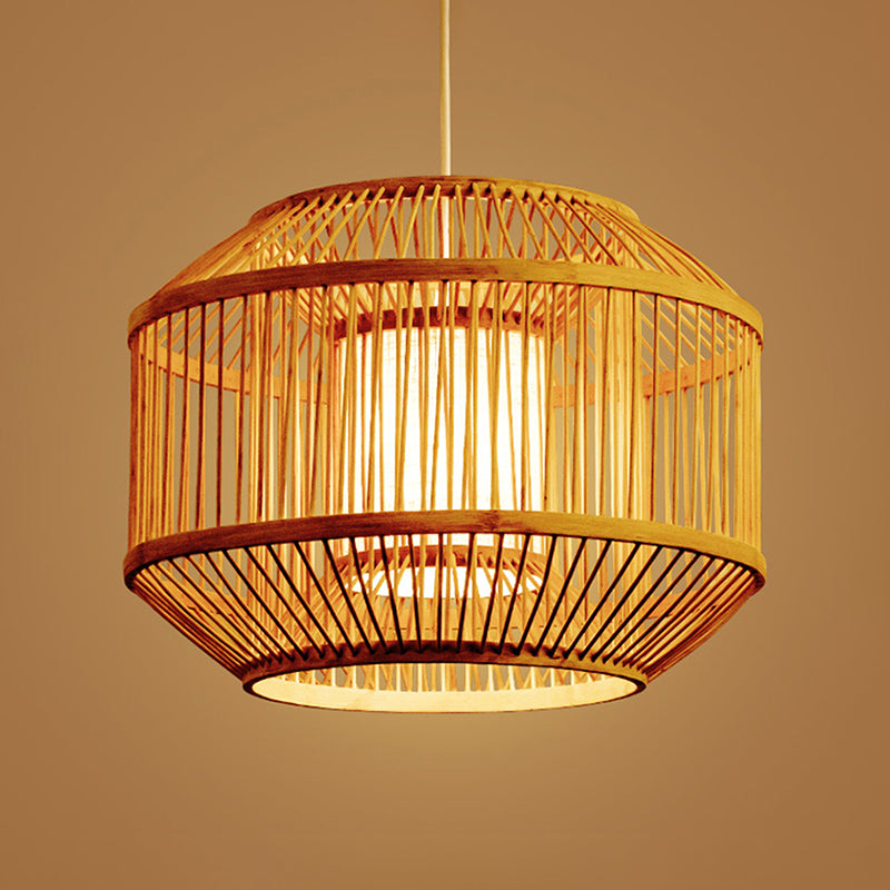 Asian Handwoven Bamboo Hanging Fixture with Geometric Shade 16"/19.5" W 1 Light Pendant Lighting in Beige for Dining Room Clearhalo 'Ceiling Lights' 'Pendant Lights' 'Pendants' Lighting' 622417