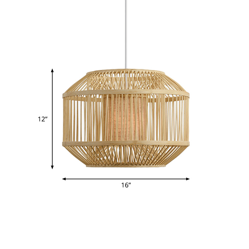 Asian Handwoven Bamboo Hanging Fixture with Geometric Shade 16"/19.5" W 1 Light Pendant Lighting in Beige for Dining Room Clearhalo 'Ceiling Lights' 'Pendant Lights' 'Pendants' Lighting' 622418