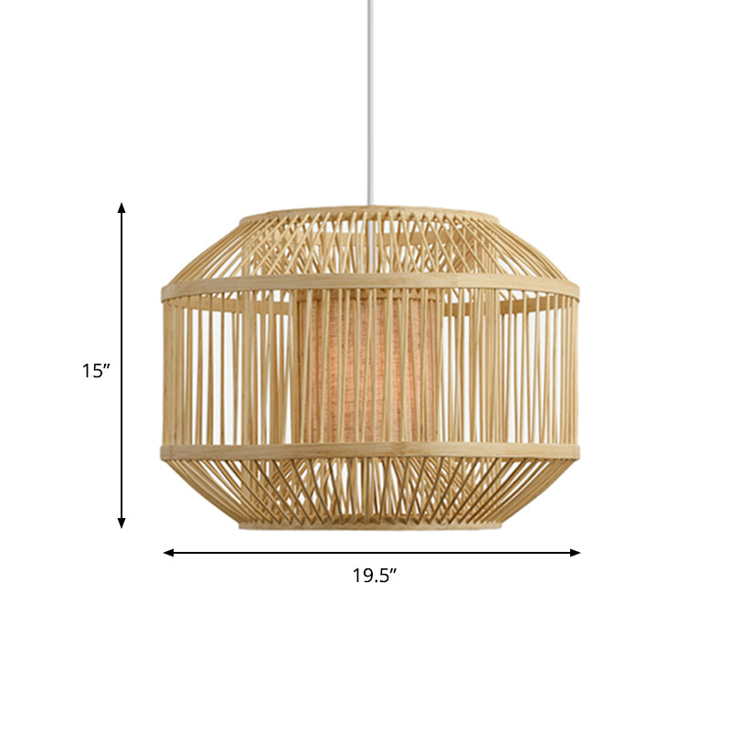 Asian Handwoven Bamboo Hanging Fixture with Geometric Shade 16"/19.5" W 1 Light Pendant Lighting in Beige for Dining Room Clearhalo 'Ceiling Lights' 'Pendant Lights' 'Pendants' Lighting' 622419