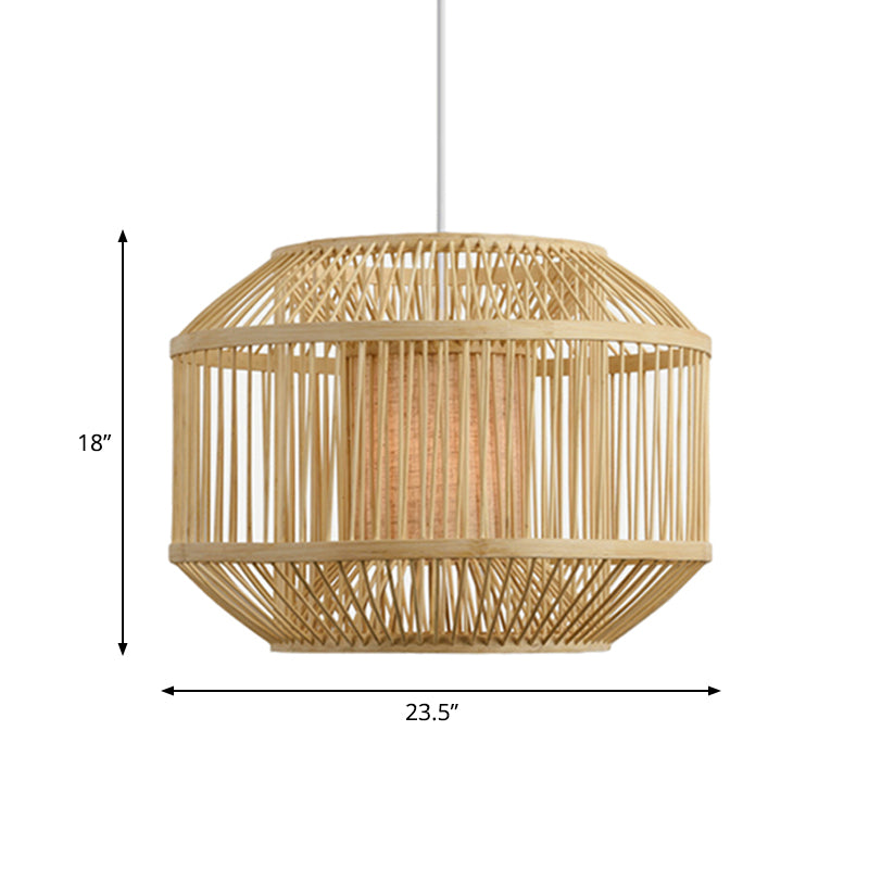 Asian Handwoven Bamboo Hanging Fixture with Geometric Shade 16"/19.5" W 1 Light Pendant Lighting in Beige for Dining Room Clearhalo 'Ceiling Lights' 'Pendant Lights' 'Pendants' Lighting' 622420