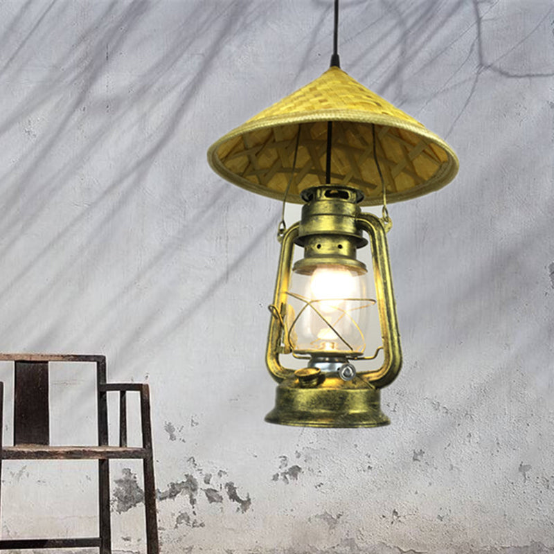 Lodge Style Hat Pendant Light Rattan 1 Light Dining Room Hanging Lamp with Metal Lantern Shade in Brass, 12"/18" W Brass 12" Clearhalo 'Ceiling Lights' 'Modern Pendants' 'Modern' 'Pendant Lights' 'Pendants' Lighting' 622468