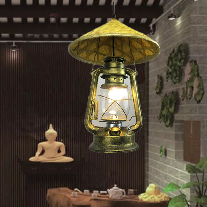 Lodge Style Hat Pendant Light Rattan 1 Light Dining Room Hanging Lamp with Metal Lantern Shade in Brass, 12"/18" W Clearhalo 'Ceiling Lights' 'Modern Pendants' 'Modern' 'Pendant Lights' 'Pendants' Lighting' 622469