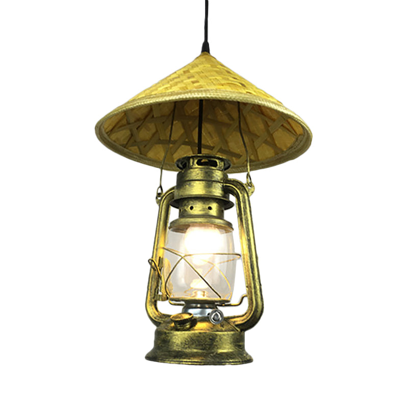 Lodge Style Hat Pendant Light Rattan 1 Light Dining Room Hanging Lamp with Metal Lantern Shade in Brass, 12"/18" W Clearhalo 'Ceiling Lights' 'Modern Pendants' 'Modern' 'Pendant Lights' 'Pendants' Lighting' 622470