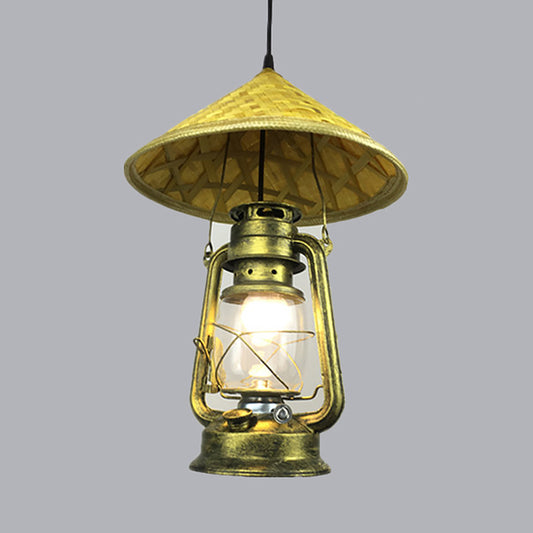 Lodge Style Hat Pendant Light Rattan 1 Light Dining Room Hanging Lamp with Metal Lantern Shade in Brass, 12"/18" W Clearhalo 'Ceiling Lights' 'Modern Pendants' 'Modern' 'Pendant Lights' 'Pendants' Lighting' 622471