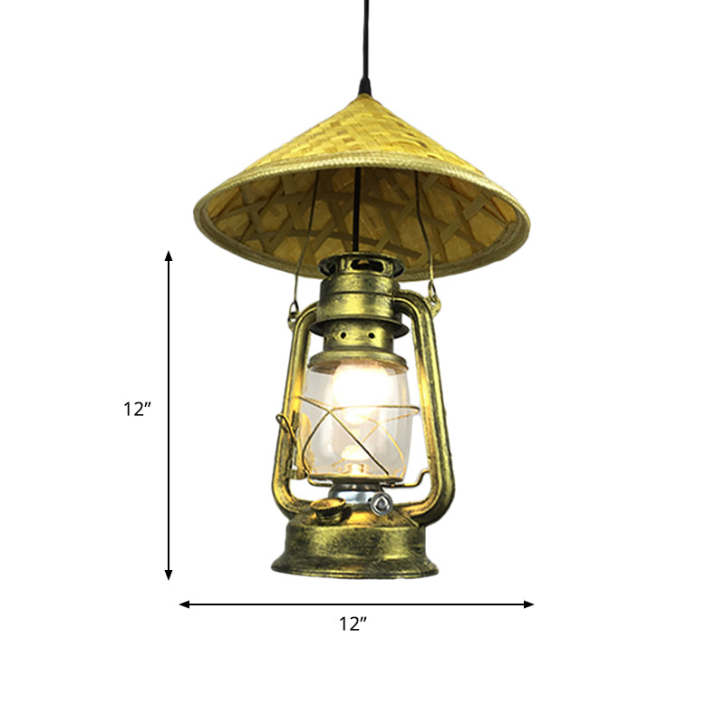 Lodge Style Hat Pendant Light Rattan 1 Light Dining Room Hanging Lamp with Metal Lantern Shade in Brass, 12"/18" W Clearhalo 'Ceiling Lights' 'Modern Pendants' 'Modern' 'Pendant Lights' 'Pendants' Lighting' 622472