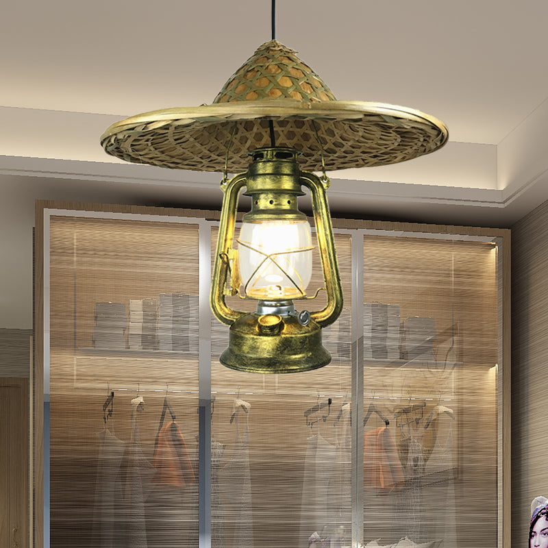 Lodge Style Hat Pendant Light Rattan 1 Light Dining Room Hanging Lamp with Metal Lantern Shade in Brass, 12"/18" W Brass 18" Clearhalo 'Ceiling Lights' 'Modern Pendants' 'Modern' 'Pendant Lights' 'Pendants' Lighting' 622473