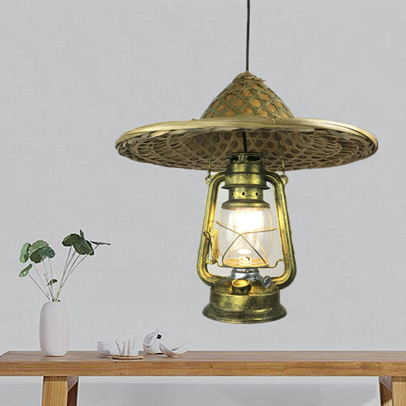 Lodge Style Hat Pendant Light Rattan 1 Light Dining Room Hanging Lamp with Metal Lantern Shade in Brass, 12"/18" W Clearhalo 'Ceiling Lights' 'Modern Pendants' 'Modern' 'Pendant Lights' 'Pendants' Lighting' 622474