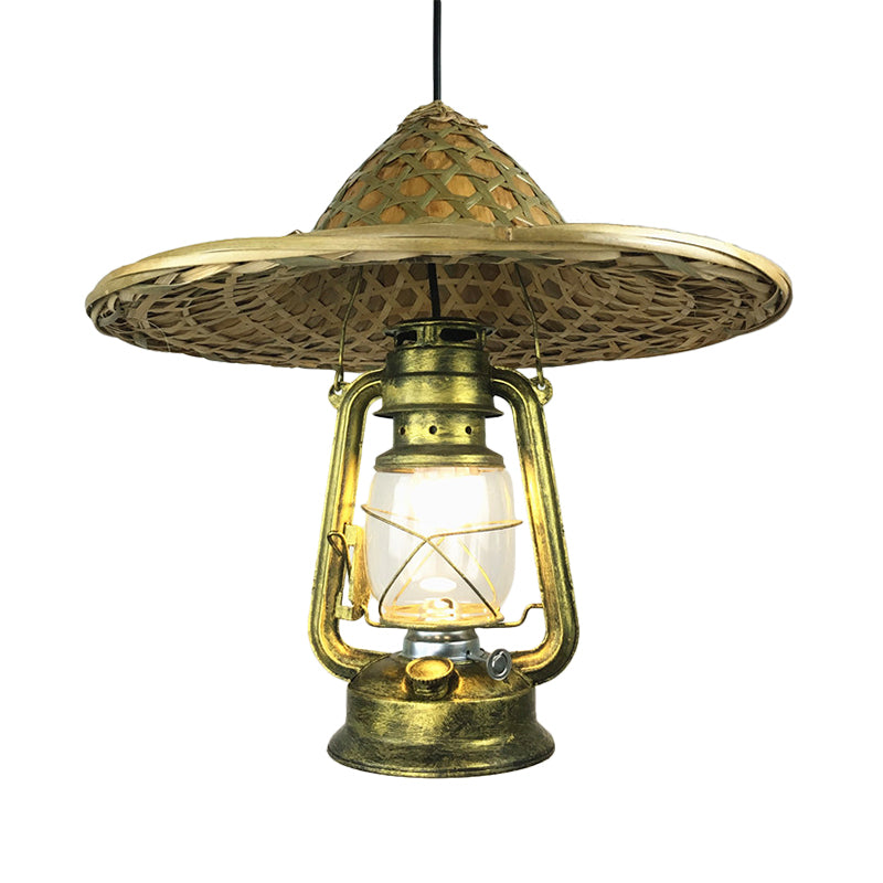 Lodge Style Hat Pendant Light Rattan 1 Light Dining Room Hanging Lamp with Metal Lantern Shade in Brass, 12"/18" W Clearhalo 'Ceiling Lights' 'Modern Pendants' 'Modern' 'Pendant Lights' 'Pendants' Lighting' 622475