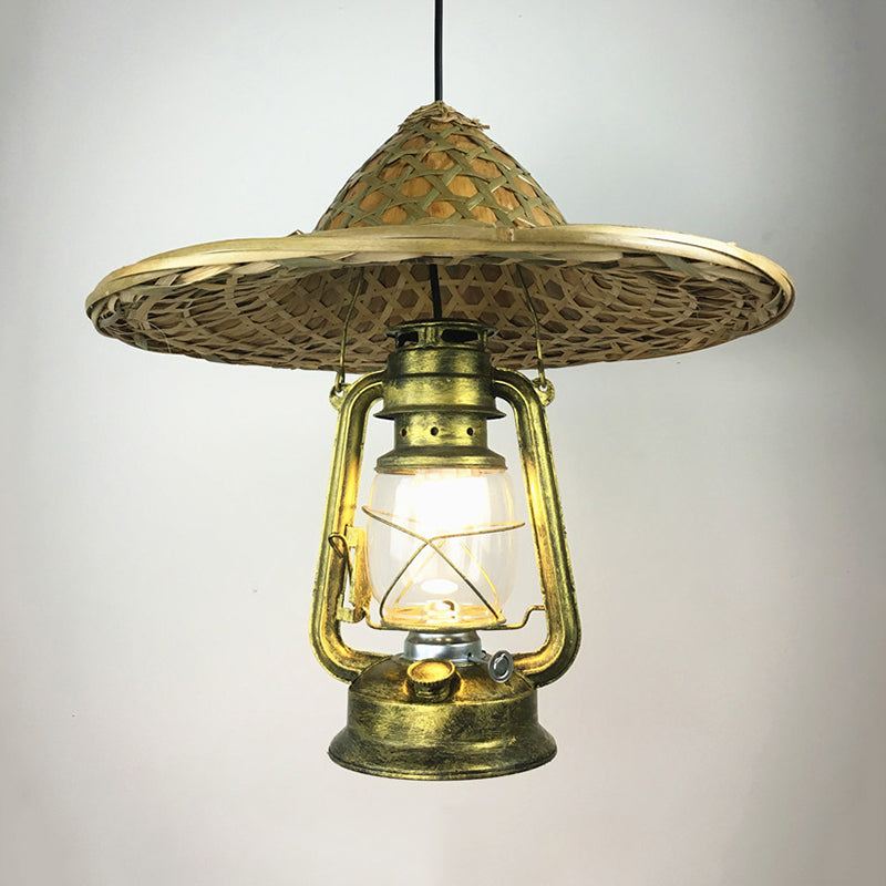 Lodge Style Hat Pendant Light Rattan 1 Light Dining Room Hanging Lamp with Metal Lantern Shade in Brass, 12"/18" W Clearhalo 'Ceiling Lights' 'Modern Pendants' 'Modern' 'Pendant Lights' 'Pendants' Lighting' 622476