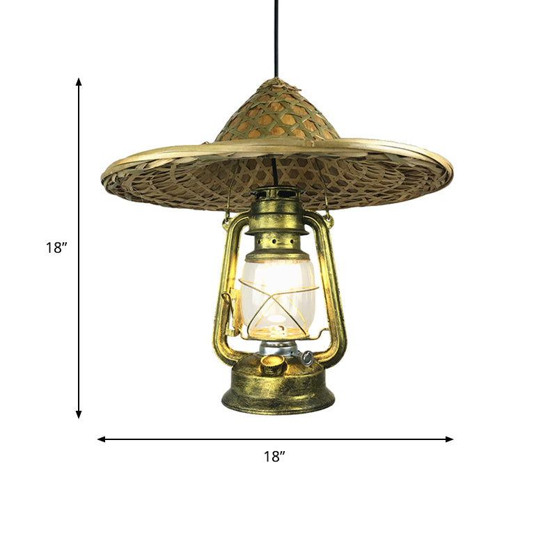 Lodge Style Hat Pendant Light Rattan 1 Light Dining Room Hanging Lamp with Metal Lantern Shade in Brass, 12"/18" W Clearhalo 'Ceiling Lights' 'Modern Pendants' 'Modern' 'Pendant Lights' 'Pendants' Lighting' 622477