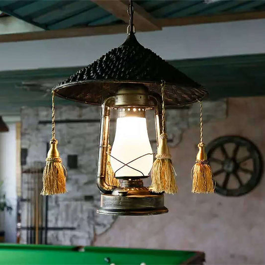 Frosted Glass Lantern Hanging Lamp Lodge Style 1 Head Black Ceiling Fixture with Hat Design for Balcony Black Clearhalo 'Ceiling Lights' 'Modern Pendants' 'Modern' 'Pendant Lights' 'Pendants' Lighting' 622478