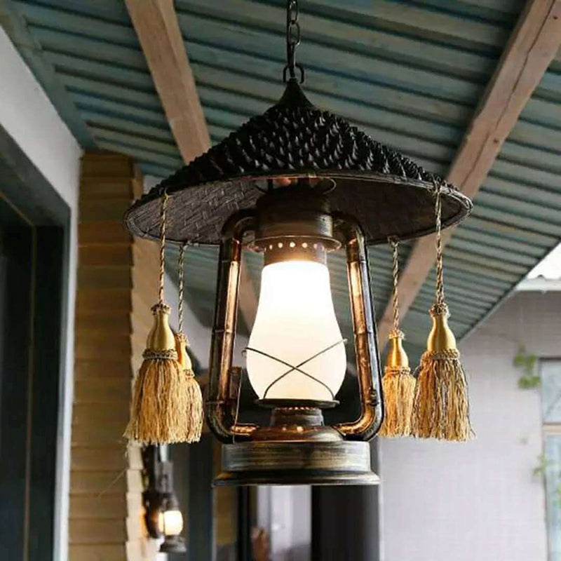 Frosted Glass Lantern Hanging Lamp Lodge Style 1 Head Black Ceiling Fixture with Hat Design for Balcony Clearhalo 'Ceiling Lights' 'Modern Pendants' 'Modern' 'Pendant Lights' 'Pendants' Lighting' 622479