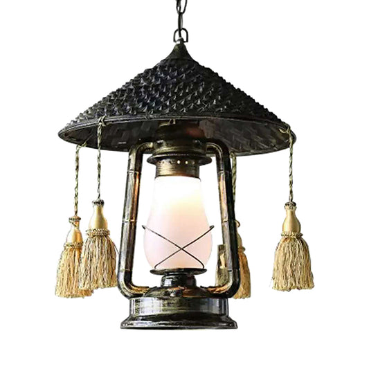 Frosted Glass Lantern Hanging Lamp Lodge Style 1 Head Black Ceiling Fixture with Hat Design for Balcony Clearhalo 'Ceiling Lights' 'Modern Pendants' 'Modern' 'Pendant Lights' 'Pendants' Lighting' 622480