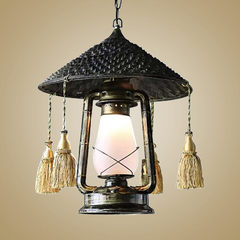 Frosted Glass Lantern Hanging Lamp Lodge Style 1 Head Black Ceiling Fixture with Hat Design for Balcony Clearhalo 'Ceiling Lights' 'Modern Pendants' 'Modern' 'Pendant Lights' 'Pendants' Lighting' 622481