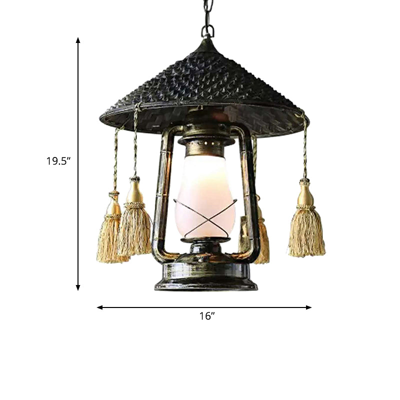 Frosted Glass Lantern Hanging Lamp Lodge Style 1 Head Black Ceiling Fixture with Hat Design for Balcony Clearhalo 'Ceiling Lights' 'Modern Pendants' 'Modern' 'Pendant Lights' 'Pendants' Lighting' 622482