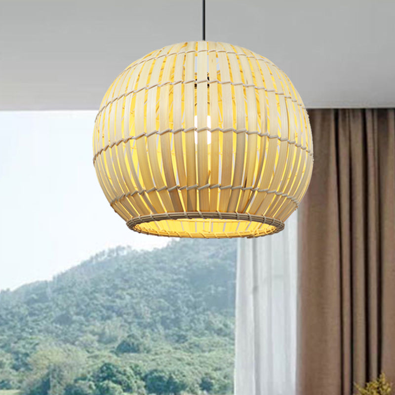 Global Bamboo Shade Pendant Lamp Modern Stylish 12"/16" W 1 Bulb Beige/Brown Ceiling Lighting for Restaurant Clearhalo 'Ceiling Lights' 'Pendant Lights' 'Pendants' Lighting' 622483