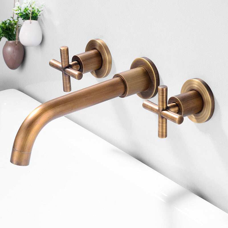 3 Holes Faucet 2 Cross Handles Wall Mounted Faucet for Bathroom Bronze Clearhalo 'Bathroom Remodel & Bathroom Fixtures' 'Bathroom Sink Faucets' 'Bathroom Sinks & Faucet Components' 'bathroom_sink_faucets' 'Home Improvement' 'home_improvement' 'home_improvement_bathroom_sink_faucets' 6227214