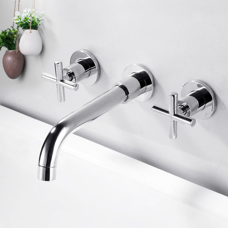3 Holes Faucet 2 Cross Handles Wall Mounted Faucet for Bathroom Silver Clearhalo 'Bathroom Remodel & Bathroom Fixtures' 'Bathroom Sink Faucets' 'Bathroom Sinks & Faucet Components' 'bathroom_sink_faucets' 'Home Improvement' 'home_improvement' 'home_improvement_bathroom_sink_faucets' 6227216