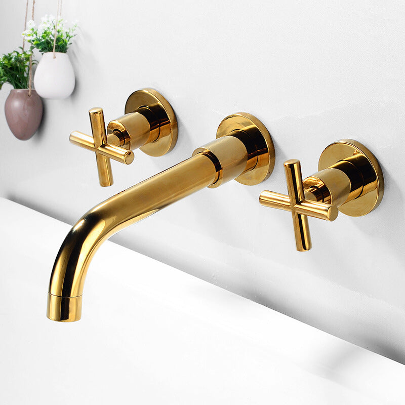 3 Holes Faucet 2 Cross Handles Wall Mounted Faucet for Bathroom Gold Clearhalo 'Bathroom Remodel & Bathroom Fixtures' 'Bathroom Sink Faucets' 'Bathroom Sinks & Faucet Components' 'bathroom_sink_faucets' 'Home Improvement' 'home_improvement' 'home_improvement_bathroom_sink_faucets' 6227218